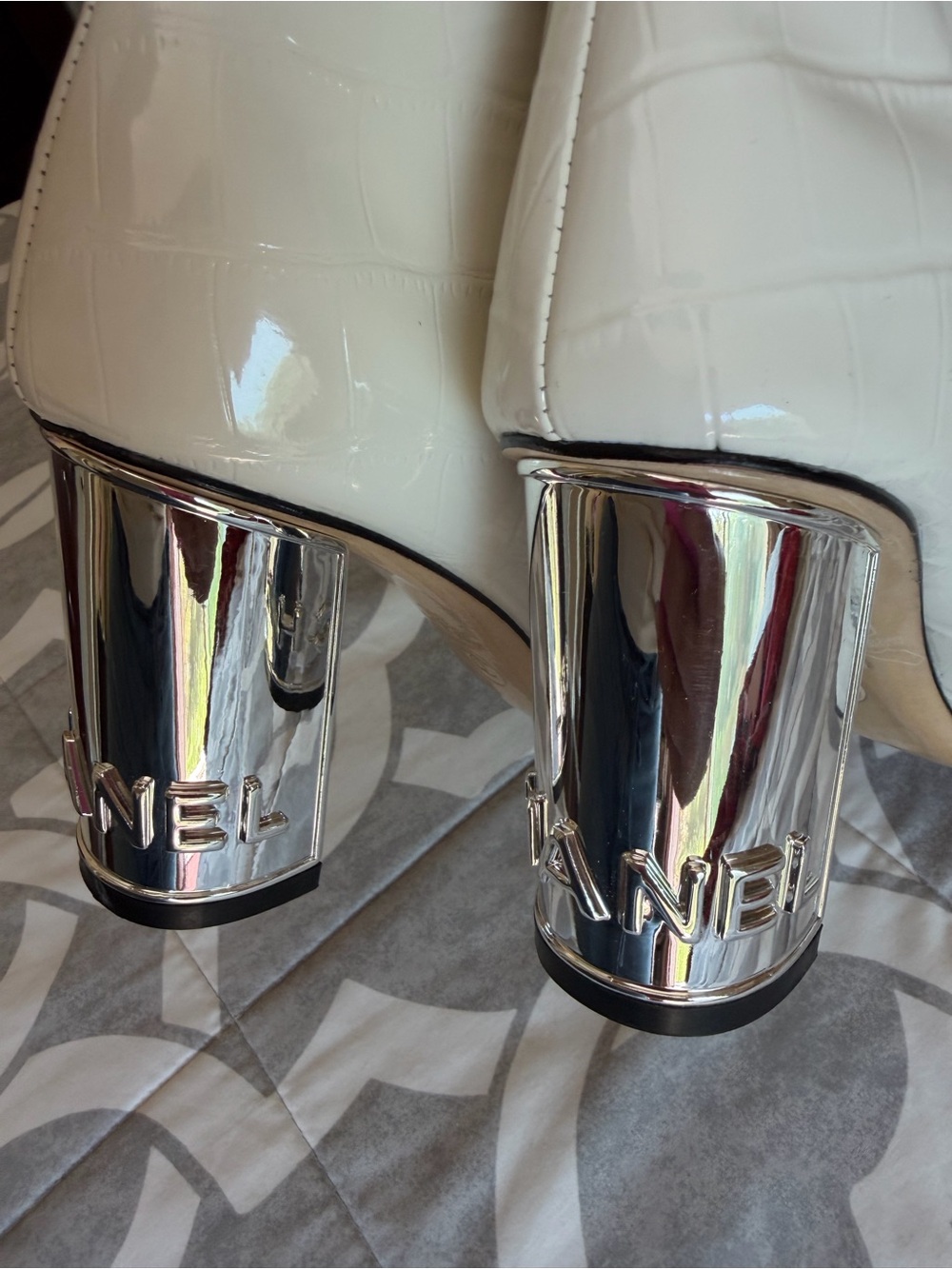 CHANEL White Croc-Embossed Over-the-Knee Boots with Black Cap Toe - Picture 8 of 10